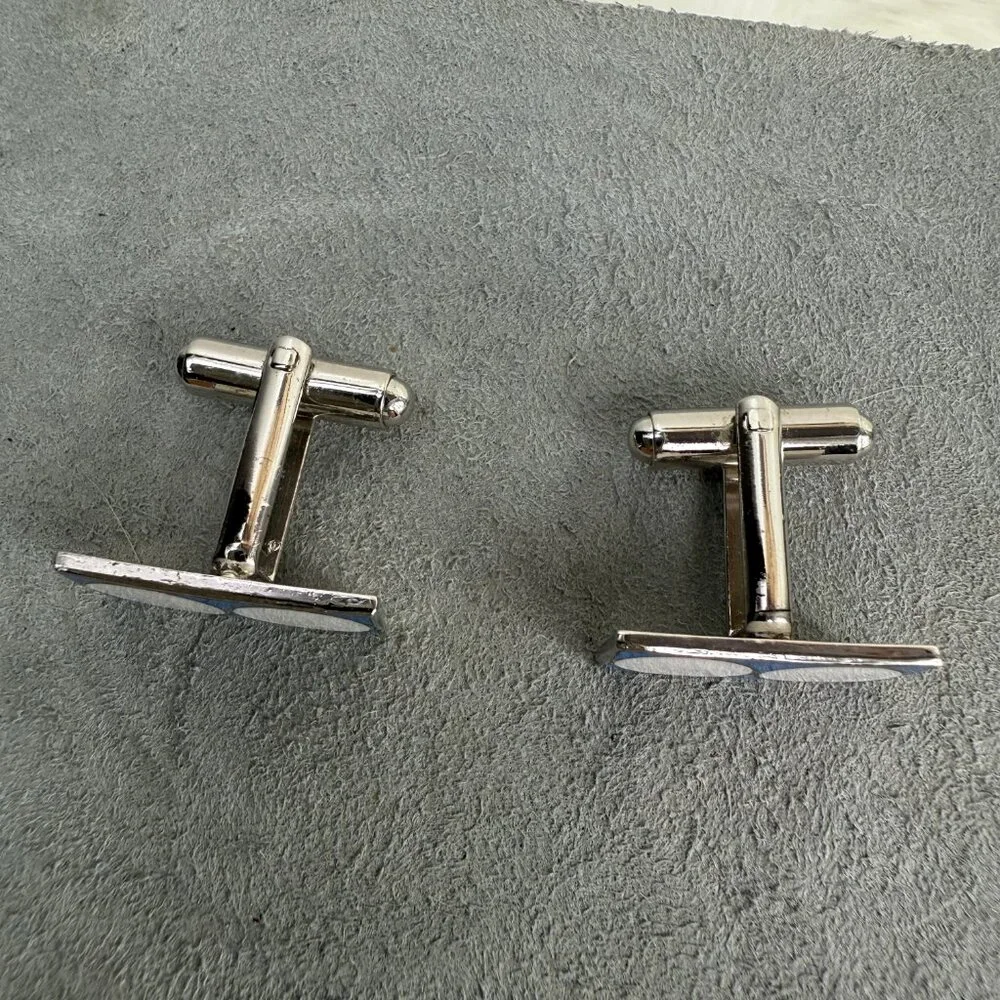 Vintage White & Blue Enamel Silver Tone Cuff Links